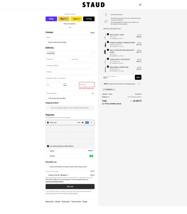Staud checkout page showing Staud promo code box | Screenshot taken by SimplyCodes community member on Oct 4, 2025