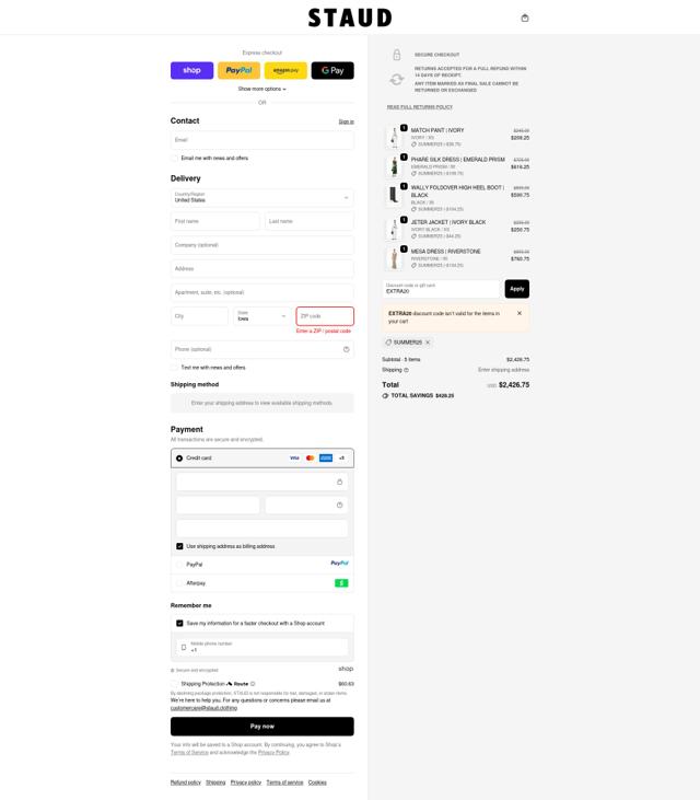 Staud checkout page showing Staud promo code box | Screenshot taken by SimplyCodes community member on Oct 1, 2025