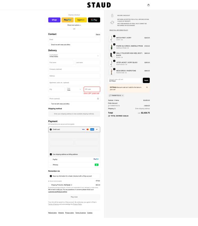 Staud checkout page showing Staud promo code box | Screenshot taken by SimplyCodes community member on Oct 4, 2025