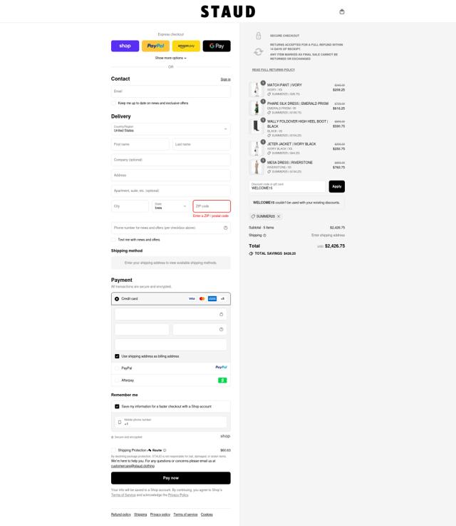Staud checkout page showing Staud promo code box | Screenshot taken by SimplyCodes community member on Sep 10, 2025