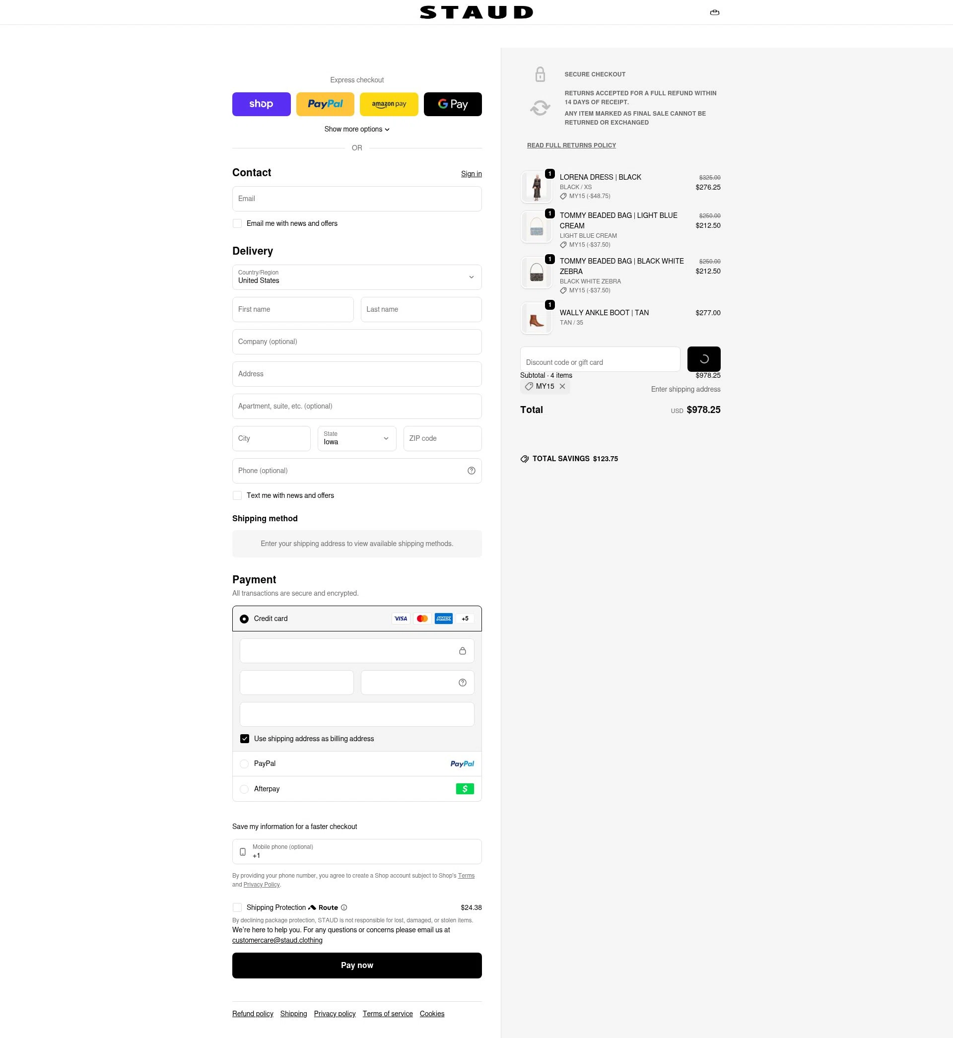 Staud checkout page showing Staud promo code box | Screenshot taken by SimplyCodes community member on Jan 14, 2026