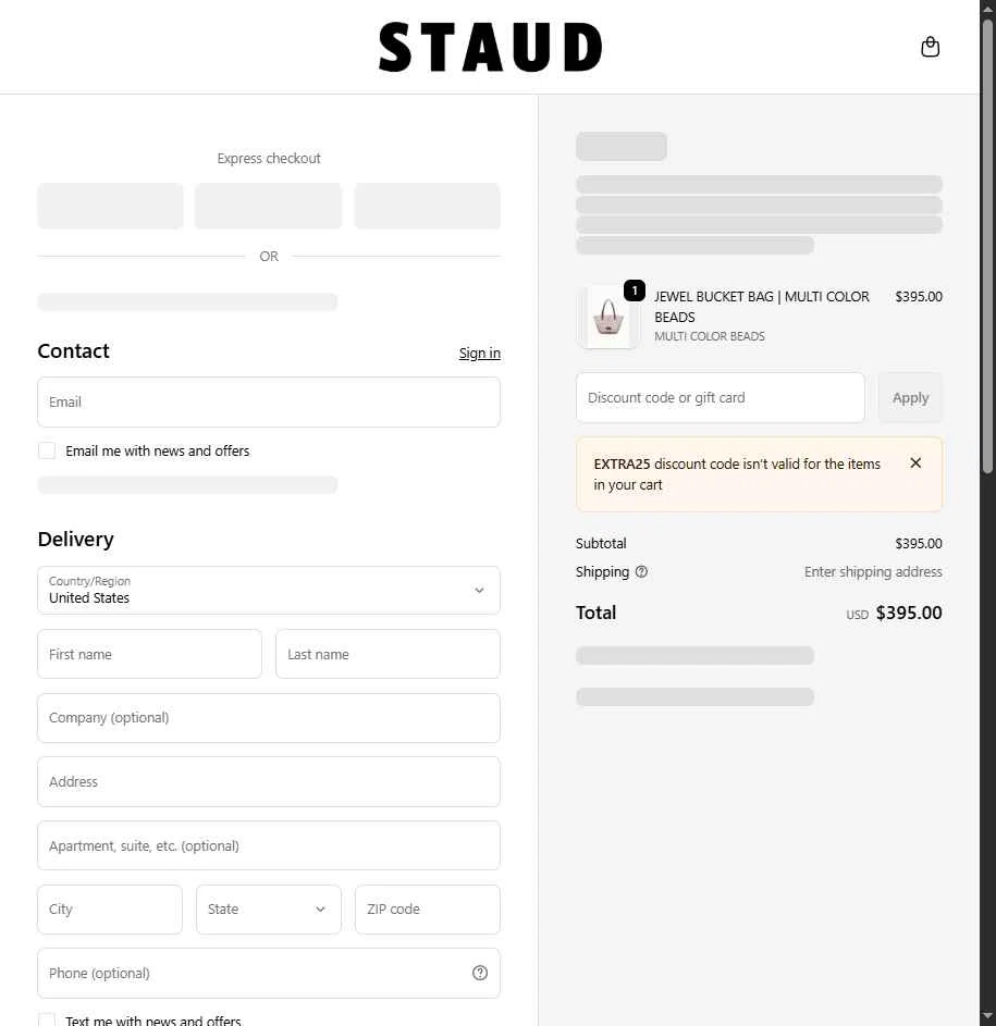 Staud checkout page showing Staud promo code box | Screenshot taken by SimplyCodes community member on Dec 26, 2025