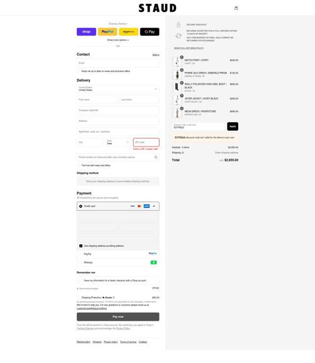 Staud checkout page showing Staud promo code box | Screenshot taken by SimplyCodes community member on Sep 14, 2025