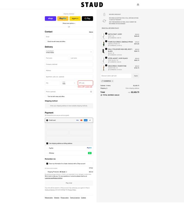 Staud checkout page showing Staud promo code box | Screenshot taken by SimplyCodes community member on Oct 4, 2025