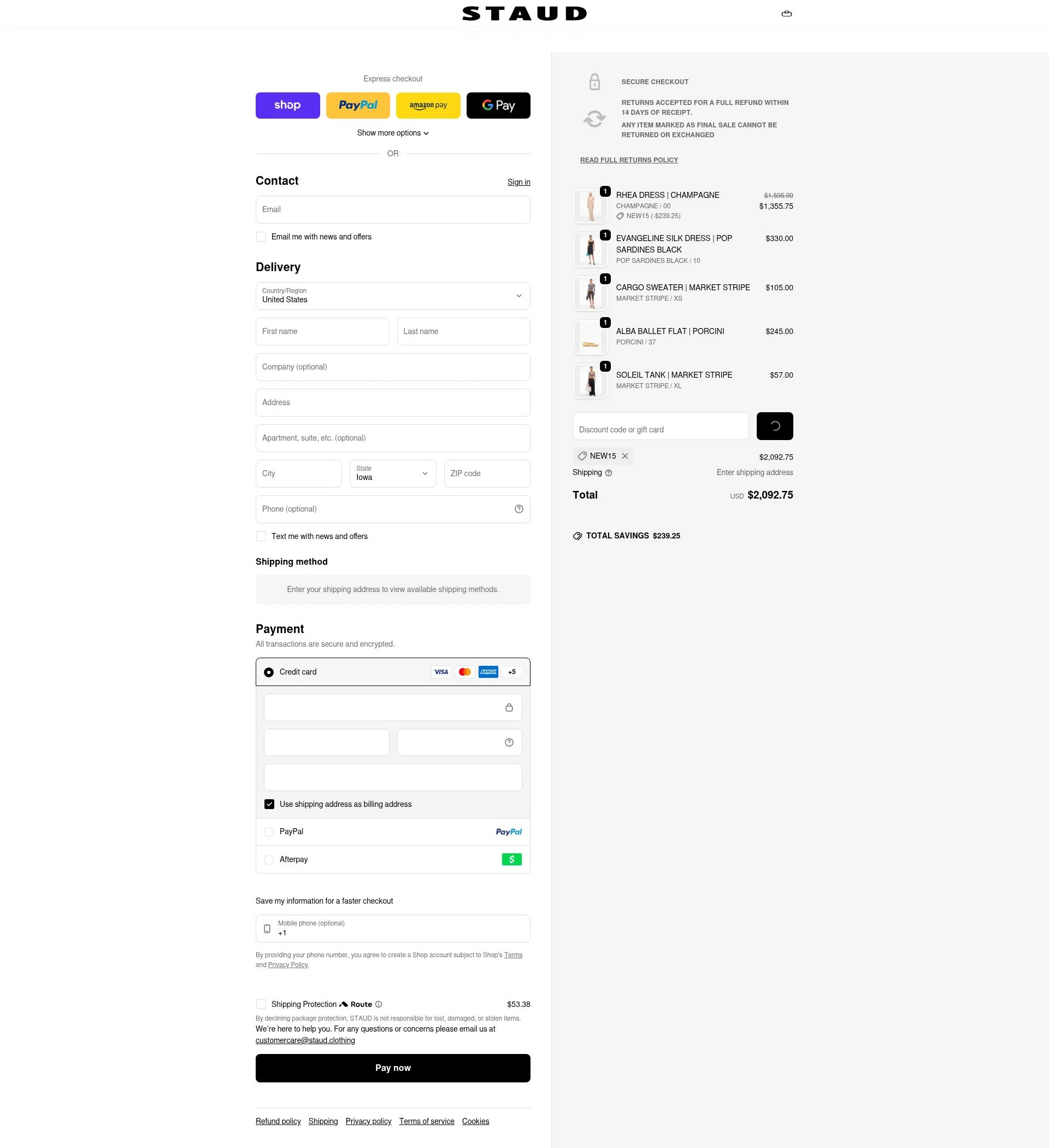Staud checkout page showing Staud promo code box | Screenshot taken by SimplyCodes community member on Feb 2, 2026