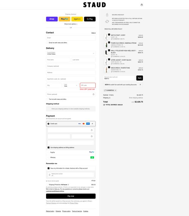 Staud checkout page showing Staud promo code box | Screenshot taken by SimplyCodes community member on Oct 1, 2025