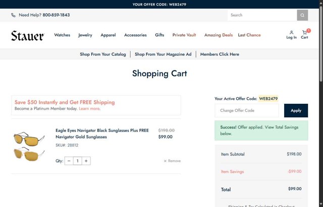 Stauer checkout page showing Stauer discount code box | Screenshot taken by SimplyCodes community member on Aug 28, 2025