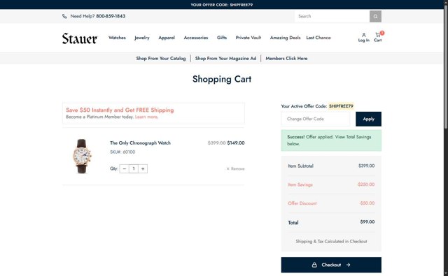 Stauer checkout page showing Stauer discount code box | Screenshot taken by SimplyCodes community member on Sep 3, 2025