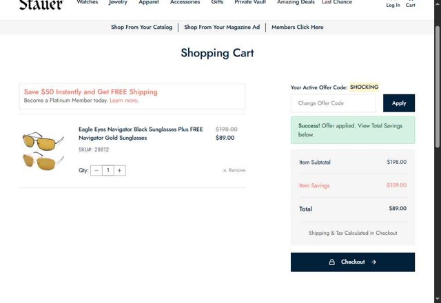 Stauer checkout page showing Stauer discount code box | Screenshot taken by SimplyCodes community member on Aug 23, 2025