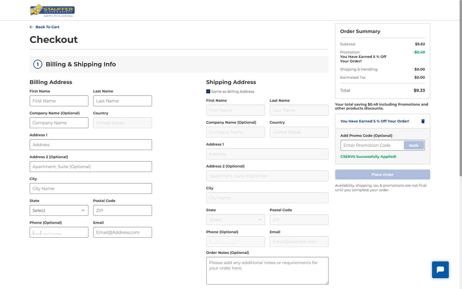 Stauffer Glove & Safety checkout page showing Stauffer Glove & Safety promo code box | Screenshot taken by SimplyCodes community member on Dec 28, 2025