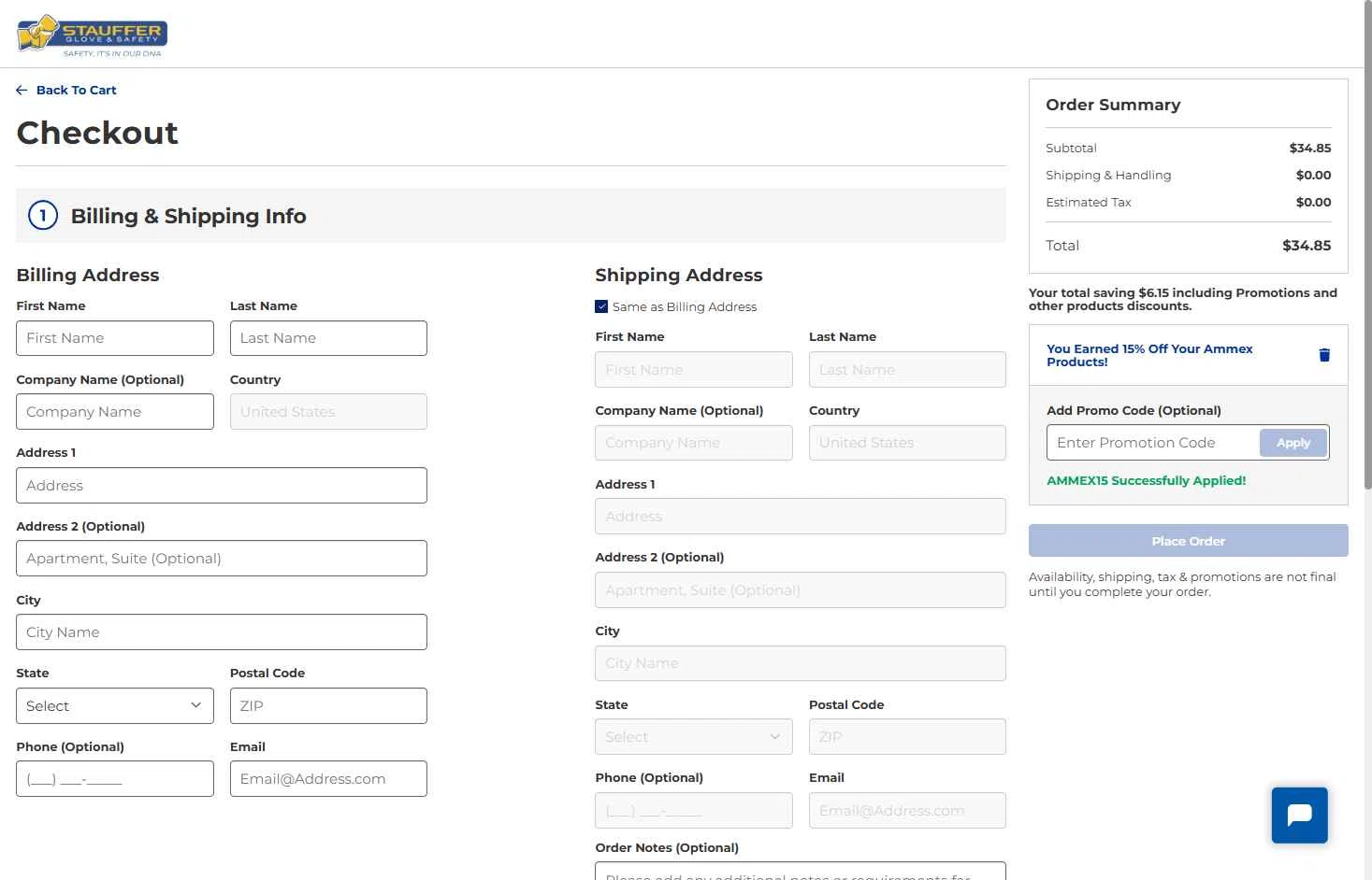 Stauffer Glove & Safety checkout page showing Stauffer Glove & Safety promo code box | Screenshot taken by SimplyCodes community member on Feb 1, 2026