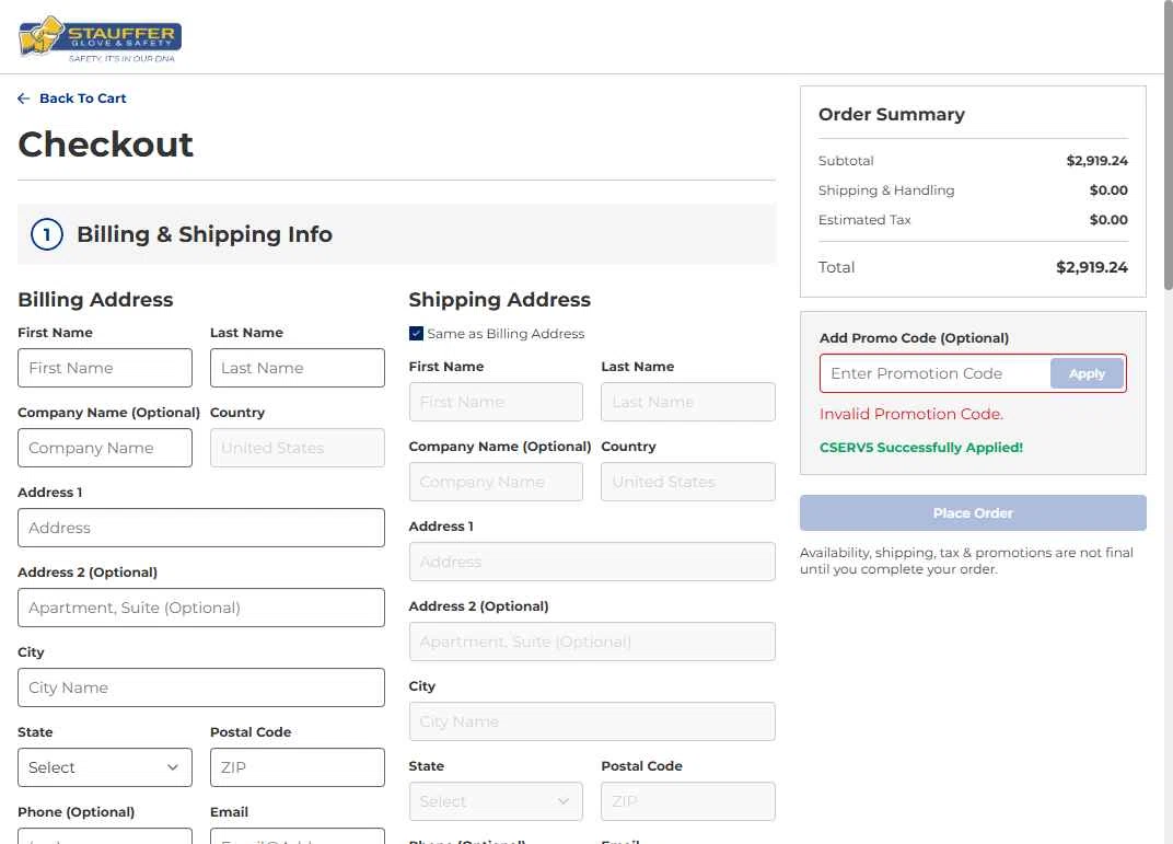 Stauffer Glove & Safety checkout page showing Stauffer Glove & Safety promo code box | Screenshot taken by SimplyCodes community member on Jun 11, 2025