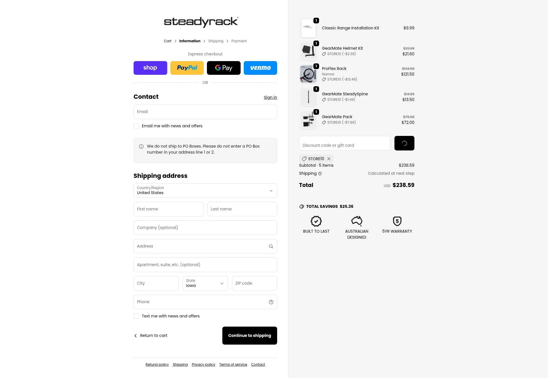Steadyrack checkout page showing Steadyrack discount code box | Screenshot taken by SimplyCodes community member on Jan 12, 2026