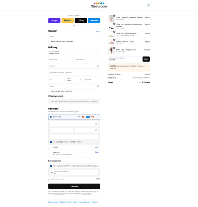 Steals.com checkout page showing Steals.com promo code box | Screenshot taken by SimplyCodes community member on Sep 5, 2025