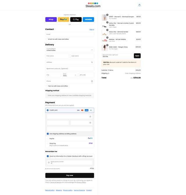 Steals.com checkout page showing Steals.com promo code box | Screenshot taken by SimplyCodes community member on Sep 9, 2025