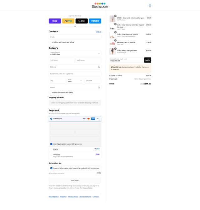 Steals.com checkout page showing Steals.com promo code box | Screenshot taken by SimplyCodes community member on Sep 9, 2025