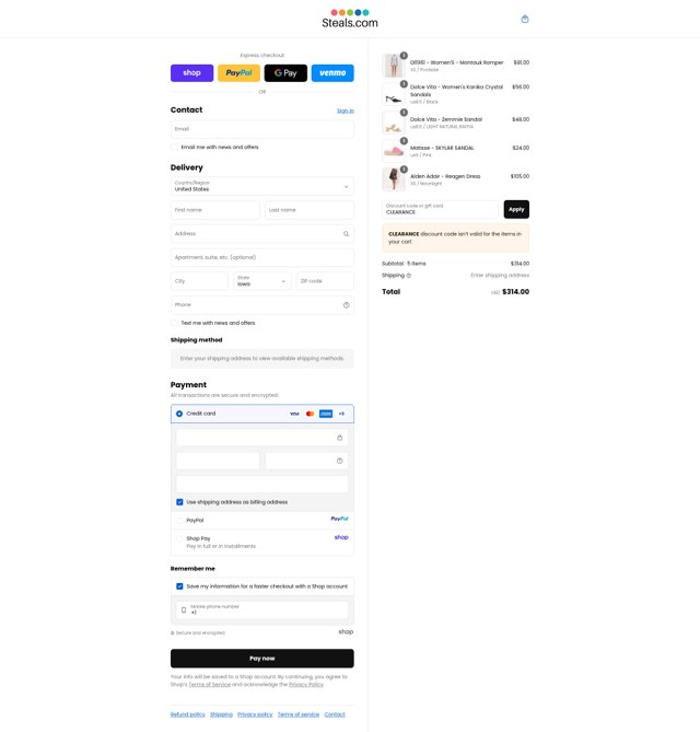 Steals.com checkout page showing Steals.com promo code box | Screenshot taken by SimplyCodes community member on Sep 9, 2025