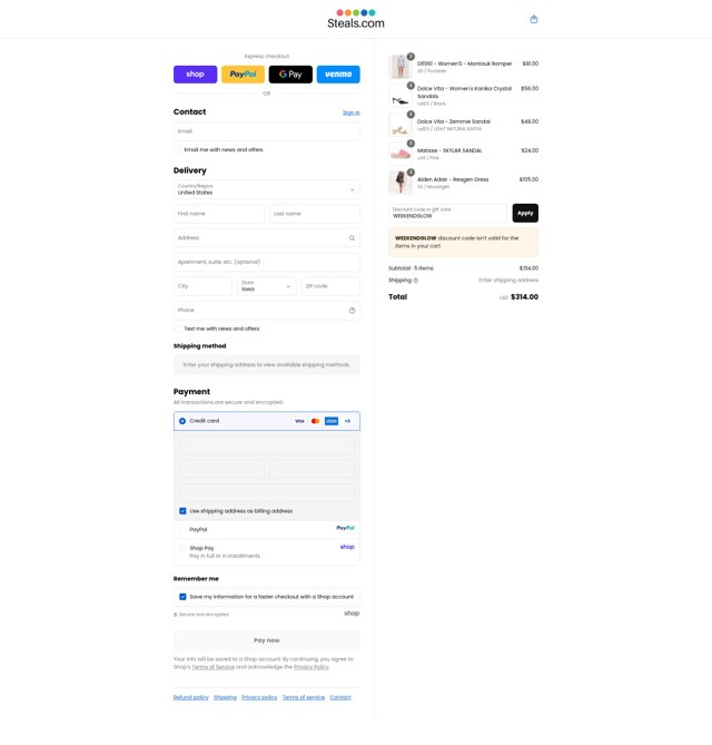 Steals.com checkout page showing Steals.com promo code box | Screenshot taken by SimplyCodes community member on Sep 9, 2025