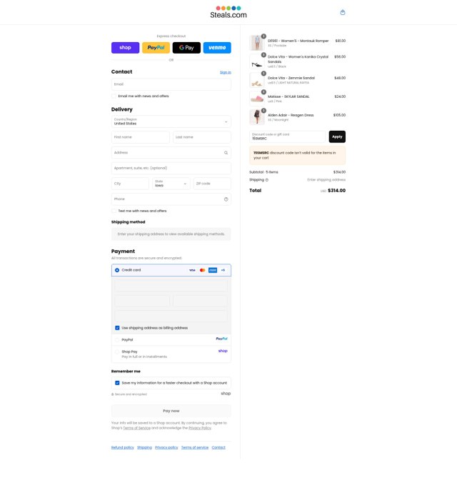 Steals.com checkout page showing Steals.com promo code box | Screenshot taken by SimplyCodes community member on Sep 9, 2025