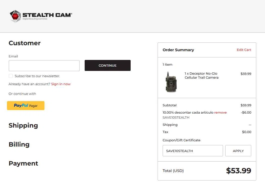 Stealth Cam checkout page showing Stealth Cam promo code box | Screenshot taken by SimplyCodes community member on Aug 30, 2025