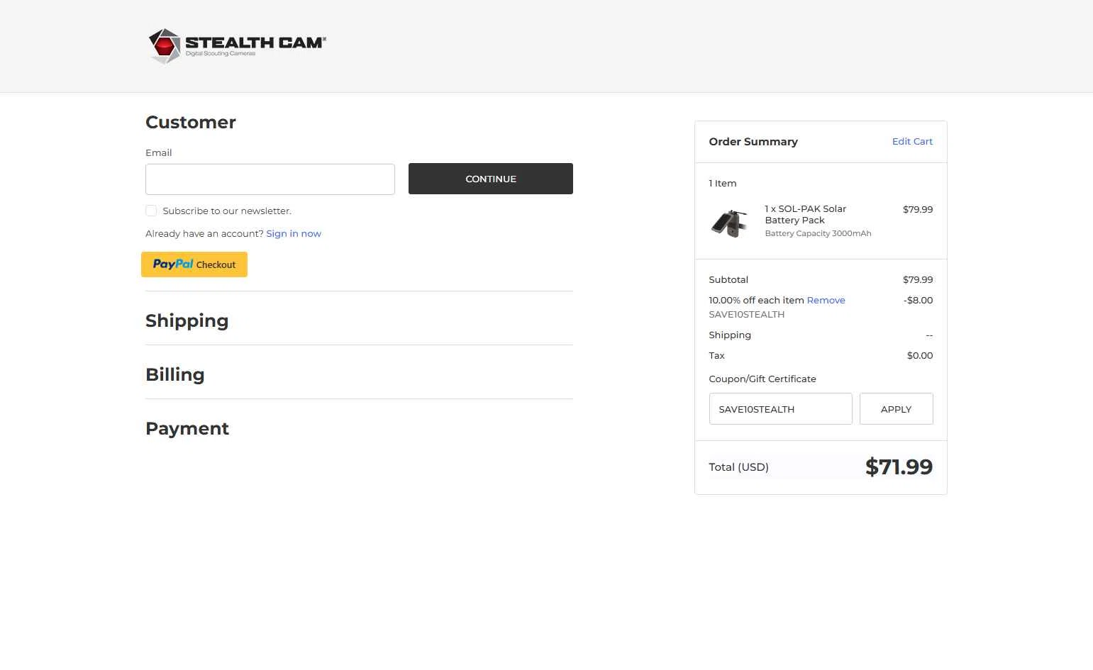 Stealth Cam checkout page showing Stealth Cam promo code box | Screenshot taken by SimplyCodes community member on Oct 18, 2025