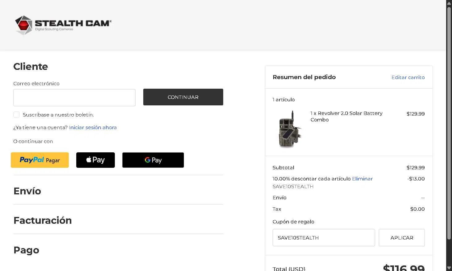 Stealth Cam checkout page showing Stealth Cam promo code box | Screenshot taken by SimplyCodes community member on Nov 26, 2025