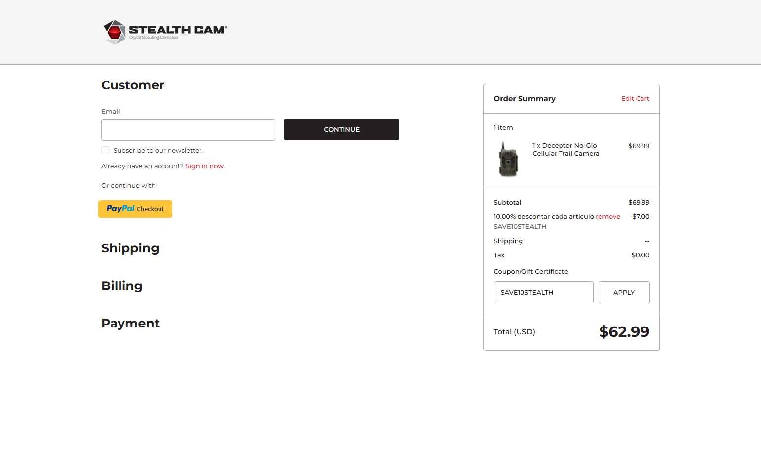 Stealth Cam checkout page showing Stealth Cam promo code box | Screenshot taken by SimplyCodes community member on Aug 23, 2025