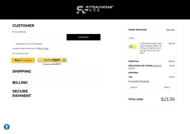 Stealth Gear USA checkout page showing Stealth Gear USA promo code box | Screenshot taken by SimplyCodes community member on Jul 16, 2025
