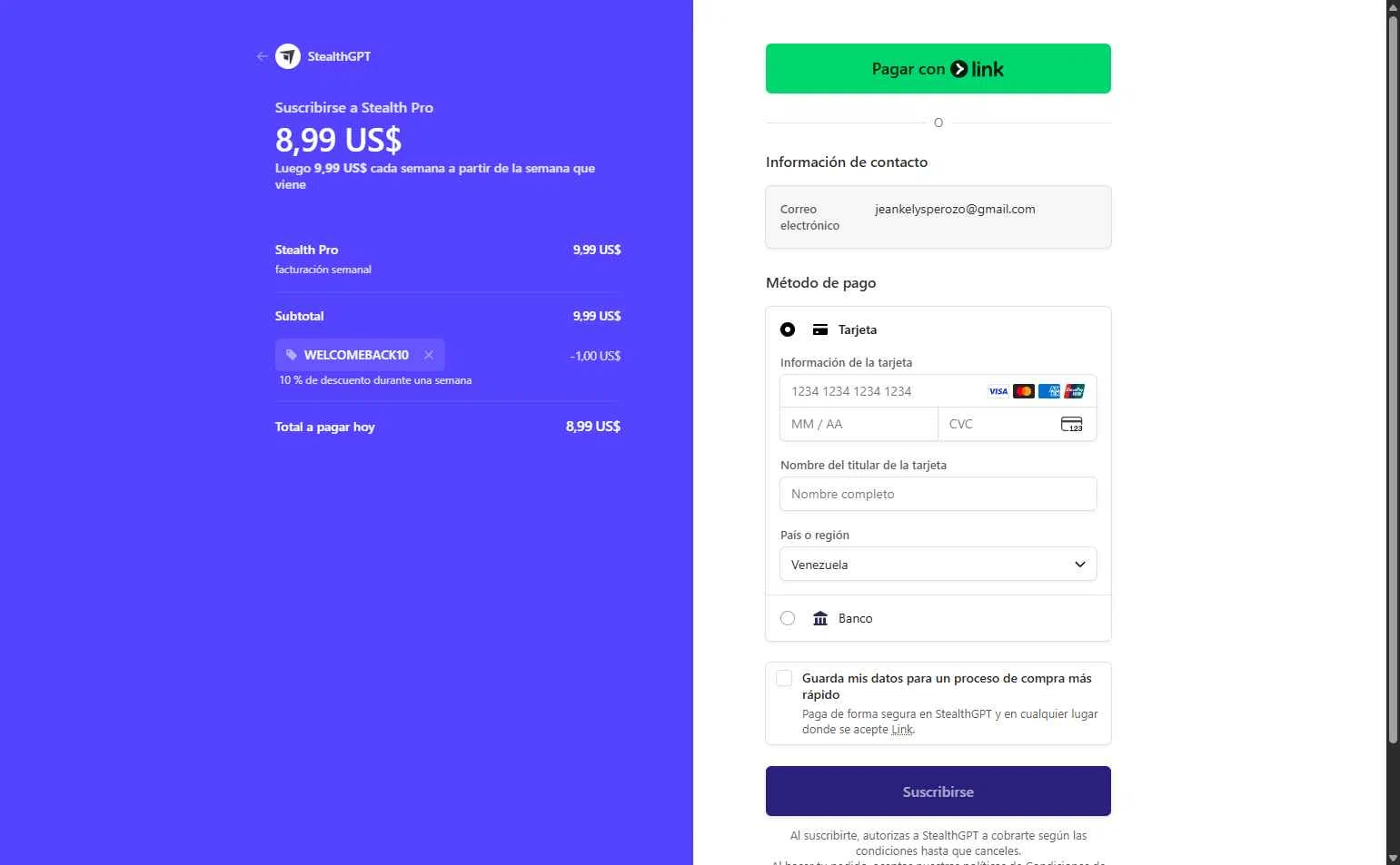 StealthGPT checkout page showing StealthGPT promo code box | Screenshot taken by SimplyCodes community member on Feb 17, 2026