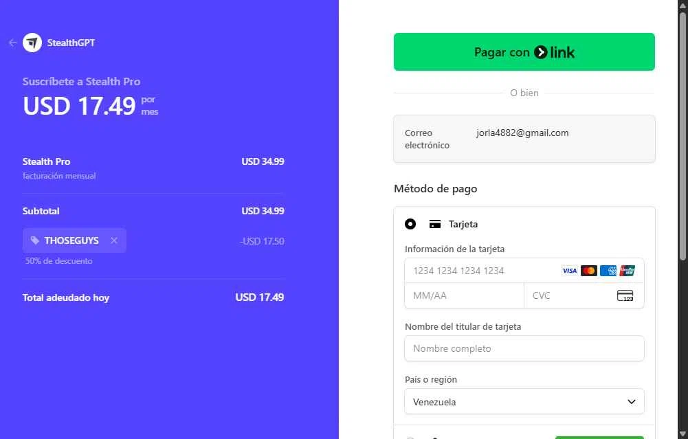 StealthGPT checkout page showing StealthGPT promo code box | Screenshot taken by SimplyCodes community member on Oct 26, 2025