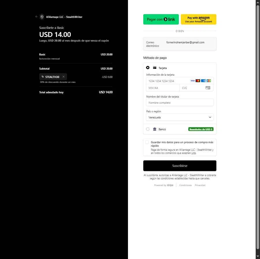 Stealthwriter checkout page showing Stealthwriter promo code box | Screenshot taken by SimplyCodes community member on Dec 27, 2025