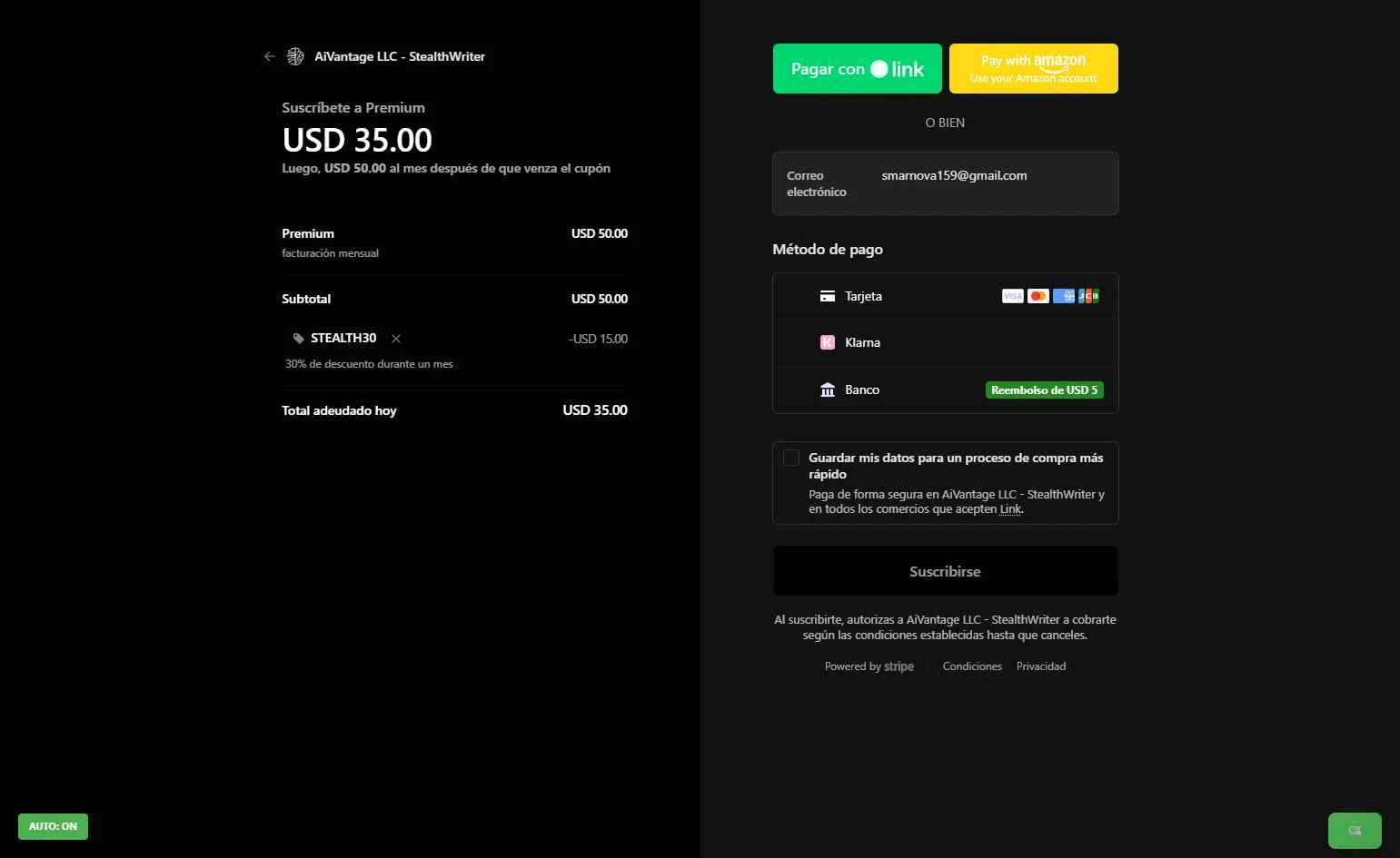 Stealthwriter checkout page showing Stealthwriter promo code box | Screenshot taken by SimplyCodes community member on Nov 27, 2025