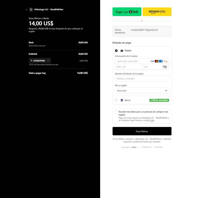 Stealthwriter checkout page showing Stealthwriter promo code box | Screenshot taken by SimplyCodes community member on Nov 3, 2025