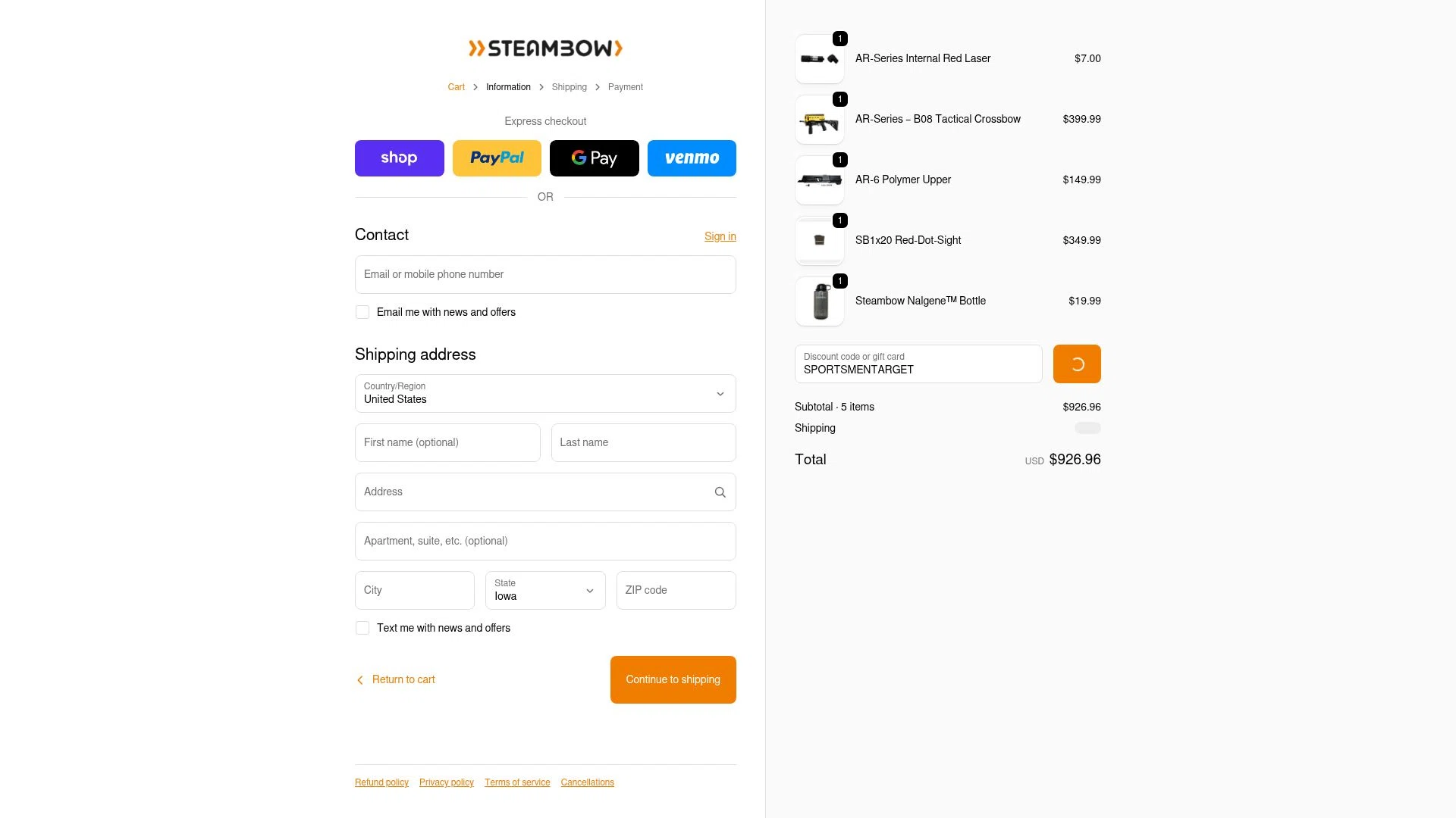 Steambow checkout page showing Steambow discount code box | Screenshot taken by SimplyCodes community member on Feb 1, 2026
