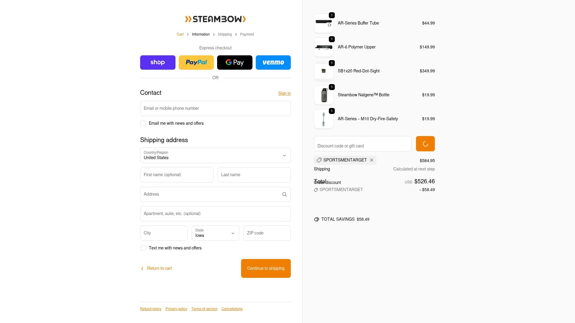 Steambow checkout page showing Steambow discount code box | Screenshot taken by SimplyCodes community member on Jan 27, 2026