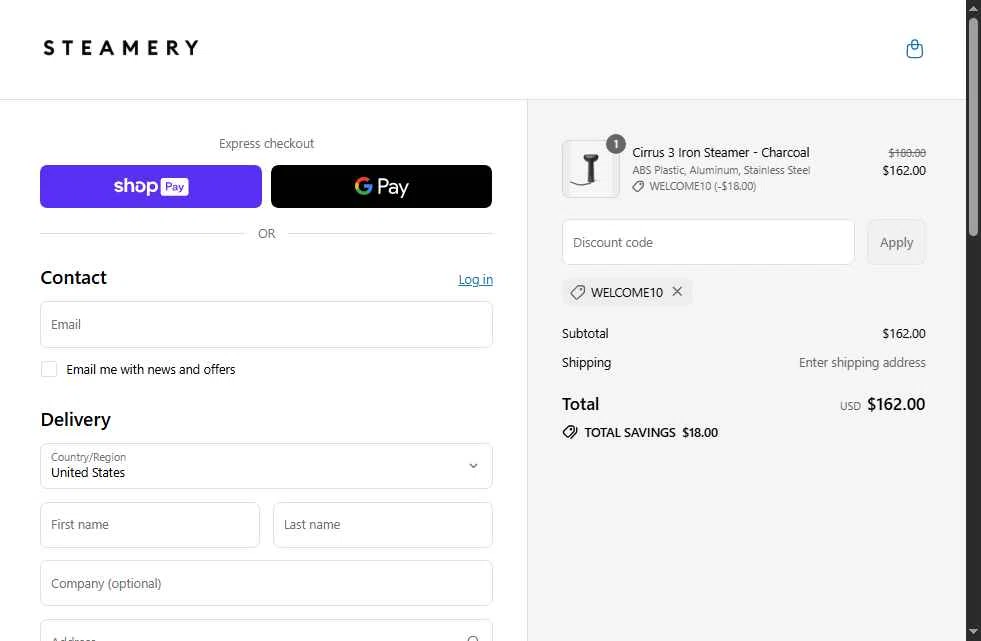 Steamery US checkout page showing Steamery US promo code box | Screenshot taken by SimplyCodes community member on Aug 1, 2025
