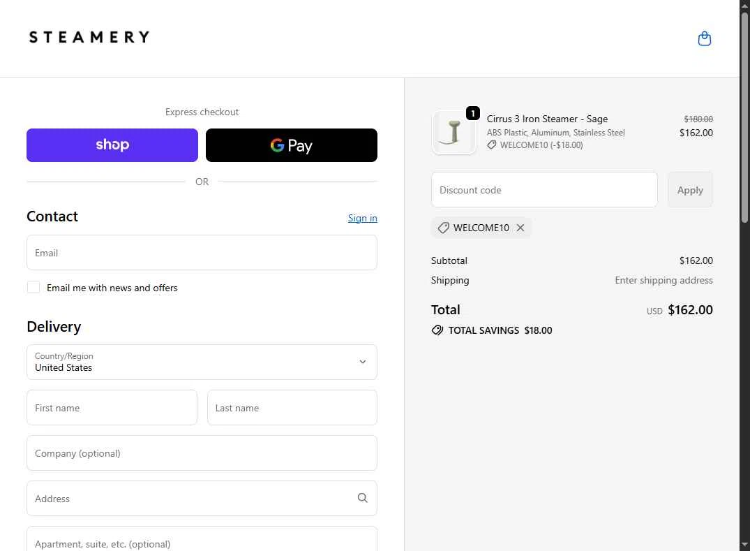 Steamery US checkout page showing Steamery US promo code box | Screenshot taken by SimplyCodes community member on Oct 12, 2025