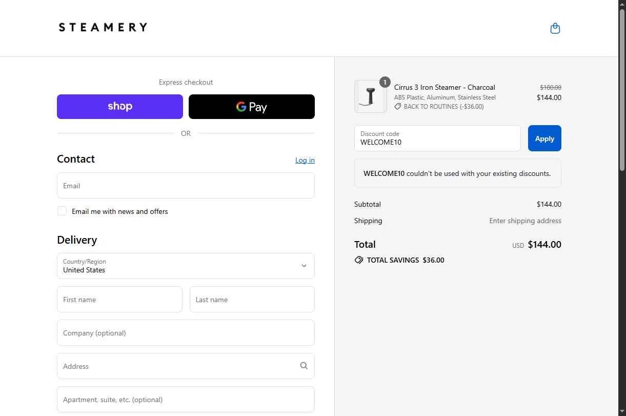 Steamery US checkout page showing Steamery US promo code box | Screenshot taken by SimplyCodes community member on Aug 30, 2025
