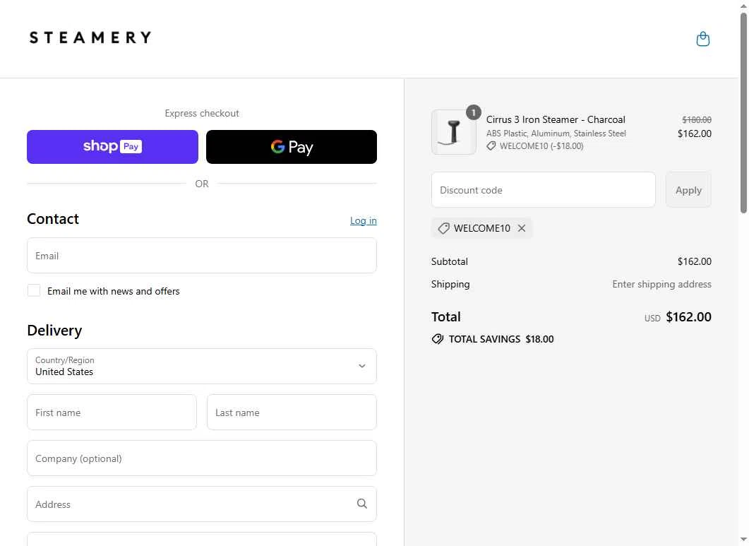 Steamery US checkout page showing Steamery US promo code box | Screenshot taken by SimplyCodes community member on Jul 3, 2025
