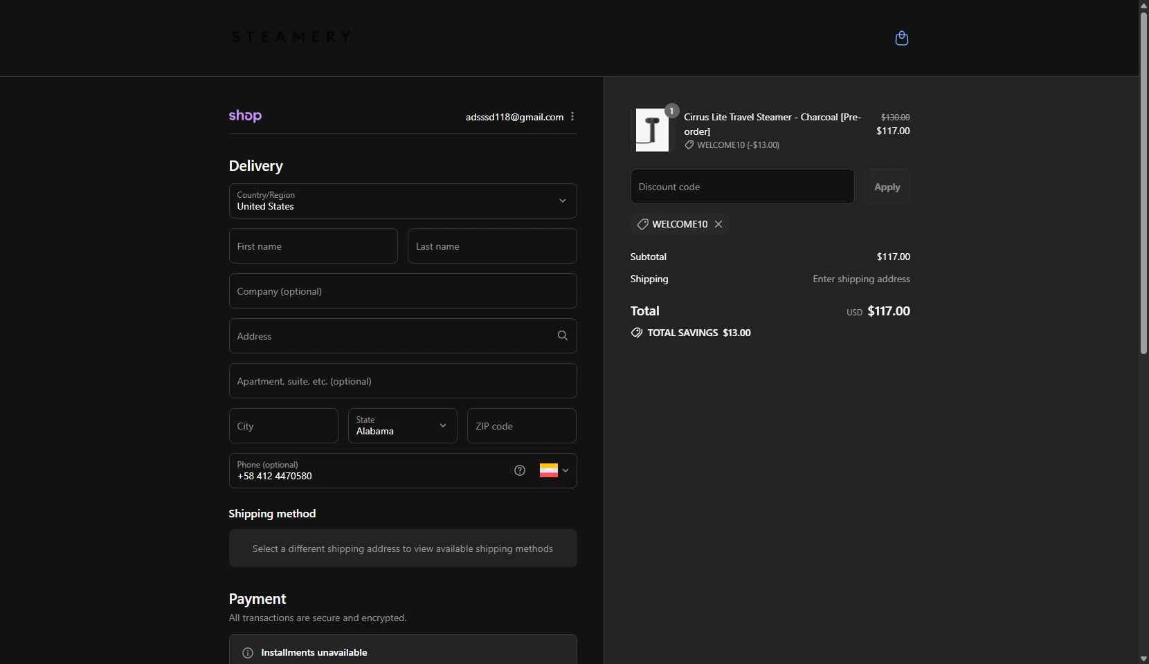 Steamery US checkout page showing Steamery US promo code box | Screenshot taken by SimplyCodes community member on Sep 13, 2025