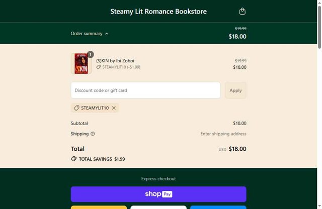 Steamy Lit checkout page showing Steamy Lit discount code box | Screenshot taken by SimplyCodes community member on Jul 18, 2025