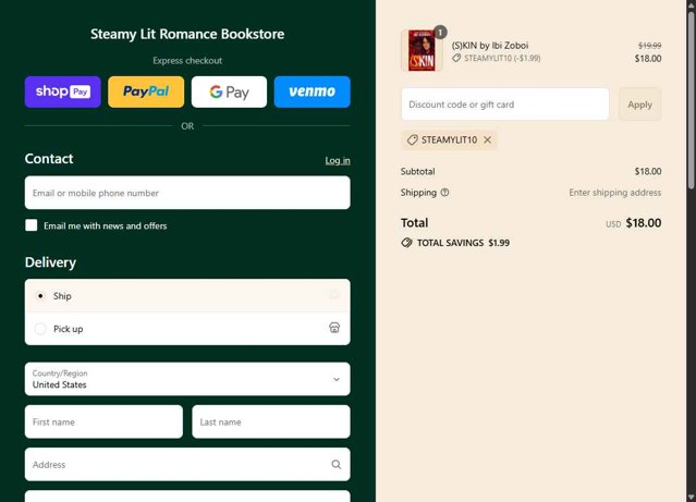 Steamy Lit checkout page showing Steamy Lit discount code box | Screenshot taken by SimplyCodes community member on Aug 16, 2025