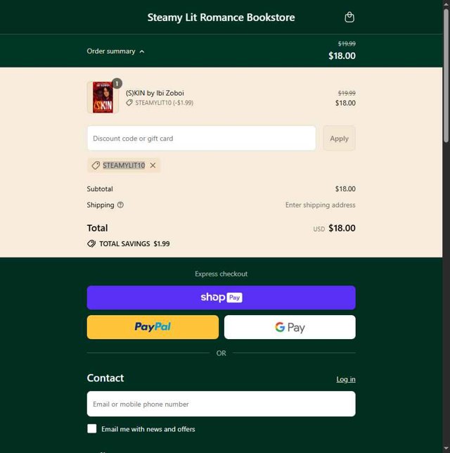 Steamy Lit checkout page showing Steamy Lit discount code box | Screenshot taken by SimplyCodes community member on Jul 18, 2025