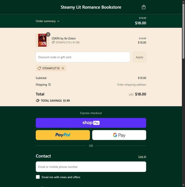 Steamy Lit checkout page showing Steamy Lit discount code box | Screenshot taken by SimplyCodes community member on Jul 18, 2025