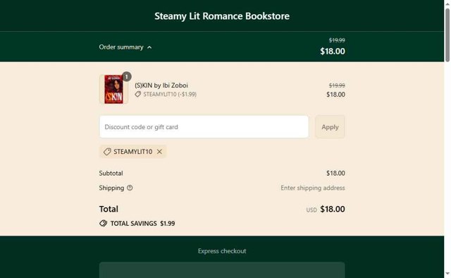 Steamy Lit checkout page showing Steamy Lit discount code box | Screenshot taken by SimplyCodes community member on Jul 18, 2025