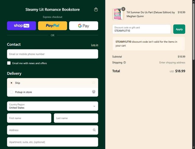 Steamy Lit checkout page showing Steamy Lit discount code box | Screenshot taken by SimplyCodes community member on Jul 18, 2025