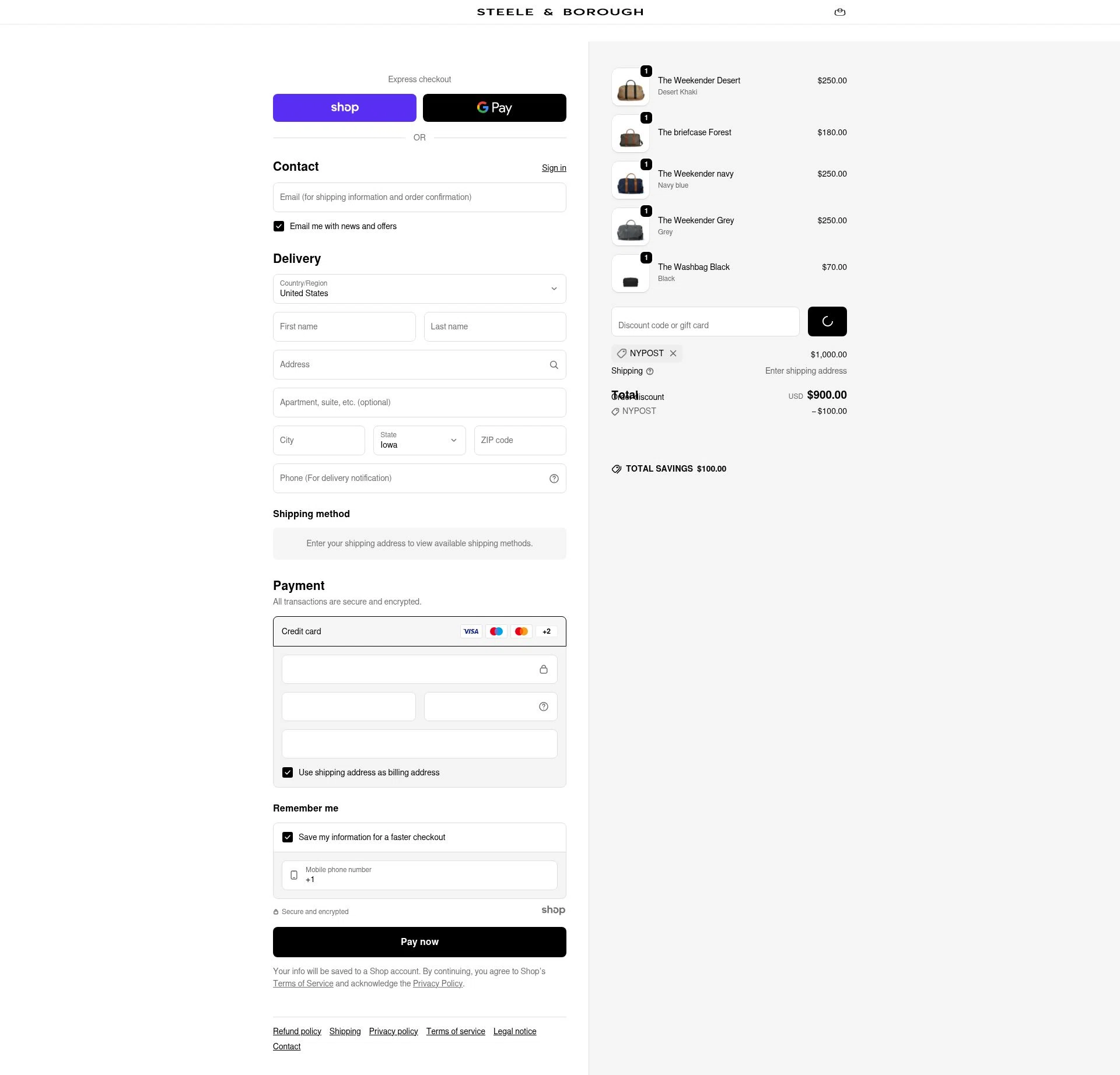 Steele & Borough checkout page showing Steele & Borough promo code box | Screenshot taken by SimplyCodes community member on Dec 18, 2025