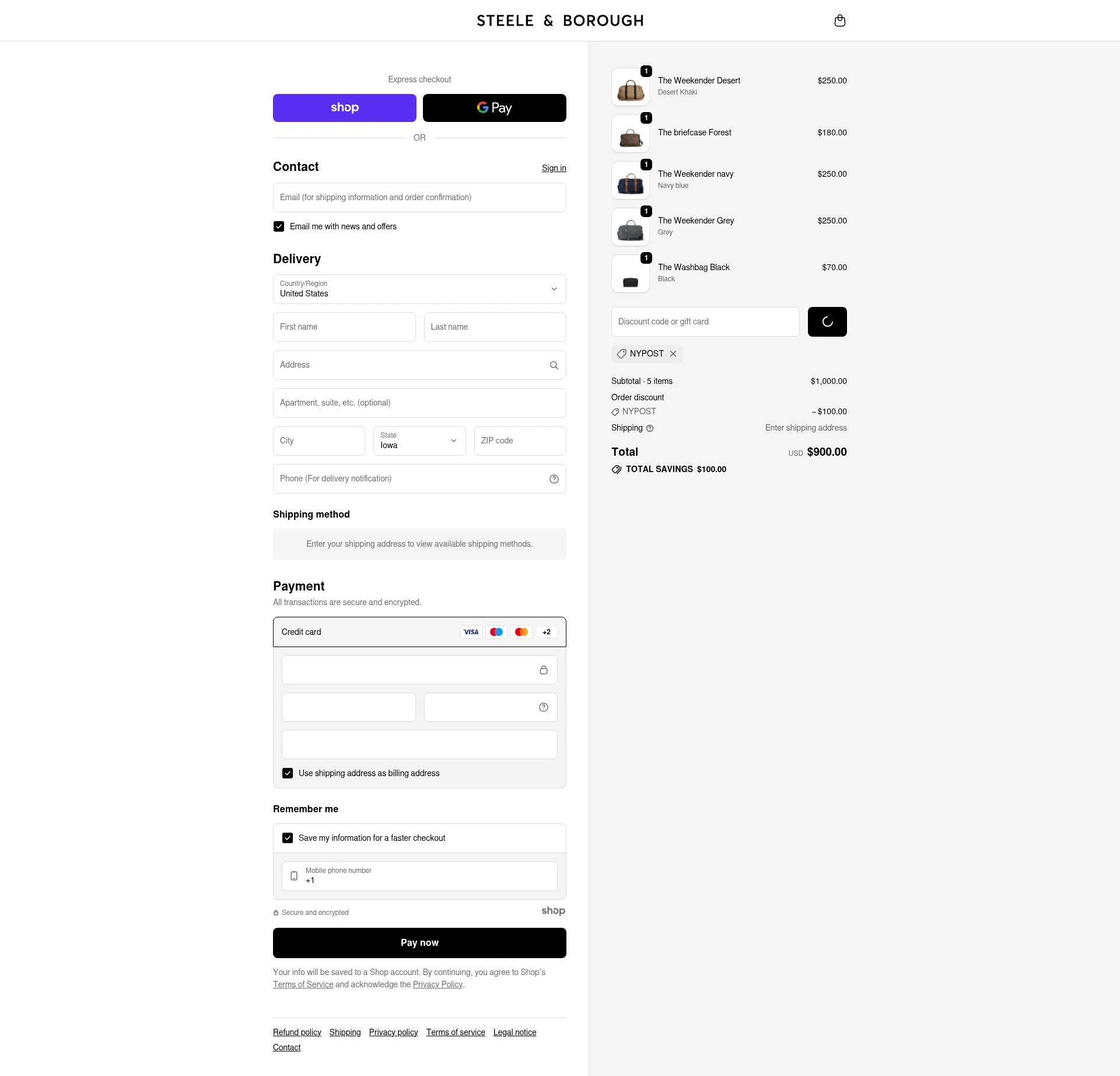 Steele & Borough checkout page showing Steele & Borough promo code box | Screenshot taken by SimplyCodes community member on Dec 24, 2025
