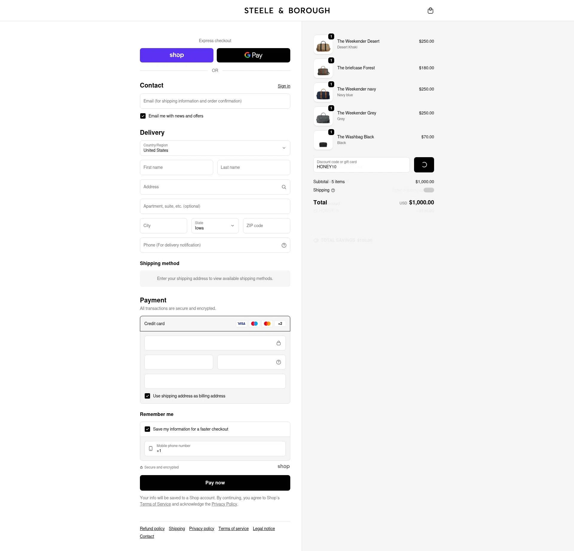 Steele & Borough checkout page showing Steele & Borough promo code box | Screenshot taken by SimplyCodes community member on Dec 29, 2025