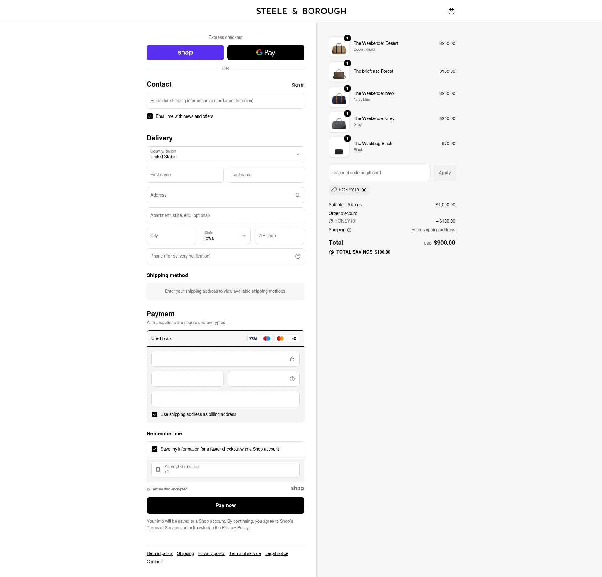 Steele & Borough checkout page showing Steele & Borough promo code box | Screenshot taken by SimplyCodes community member on Dec 6, 2025
